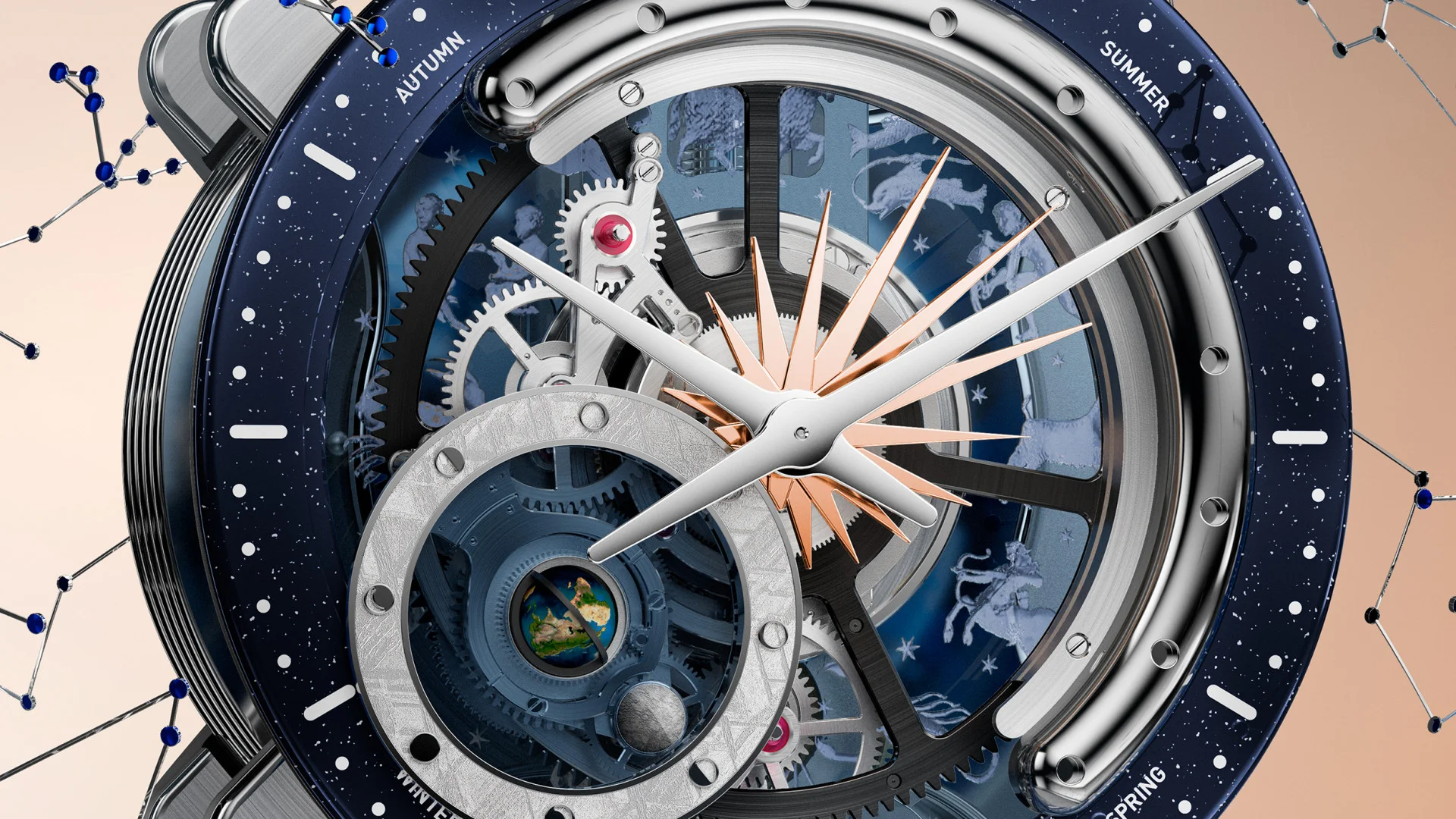 Kaliber 590 mit Erde, Mond und Rotgoldsonne